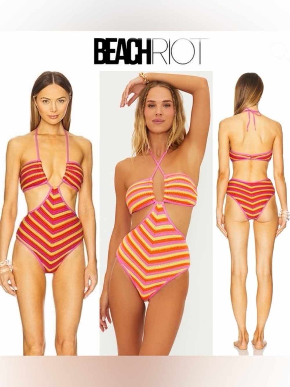 Beach Riot Pamela Cotton Blend One-Piece Swimsuit Pink Multi Stripe Cutout M NWT